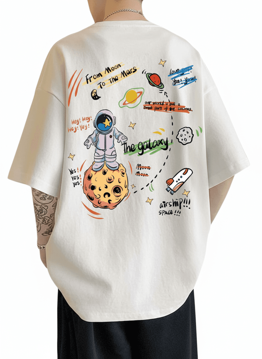 white oversized space-themed t-shirt