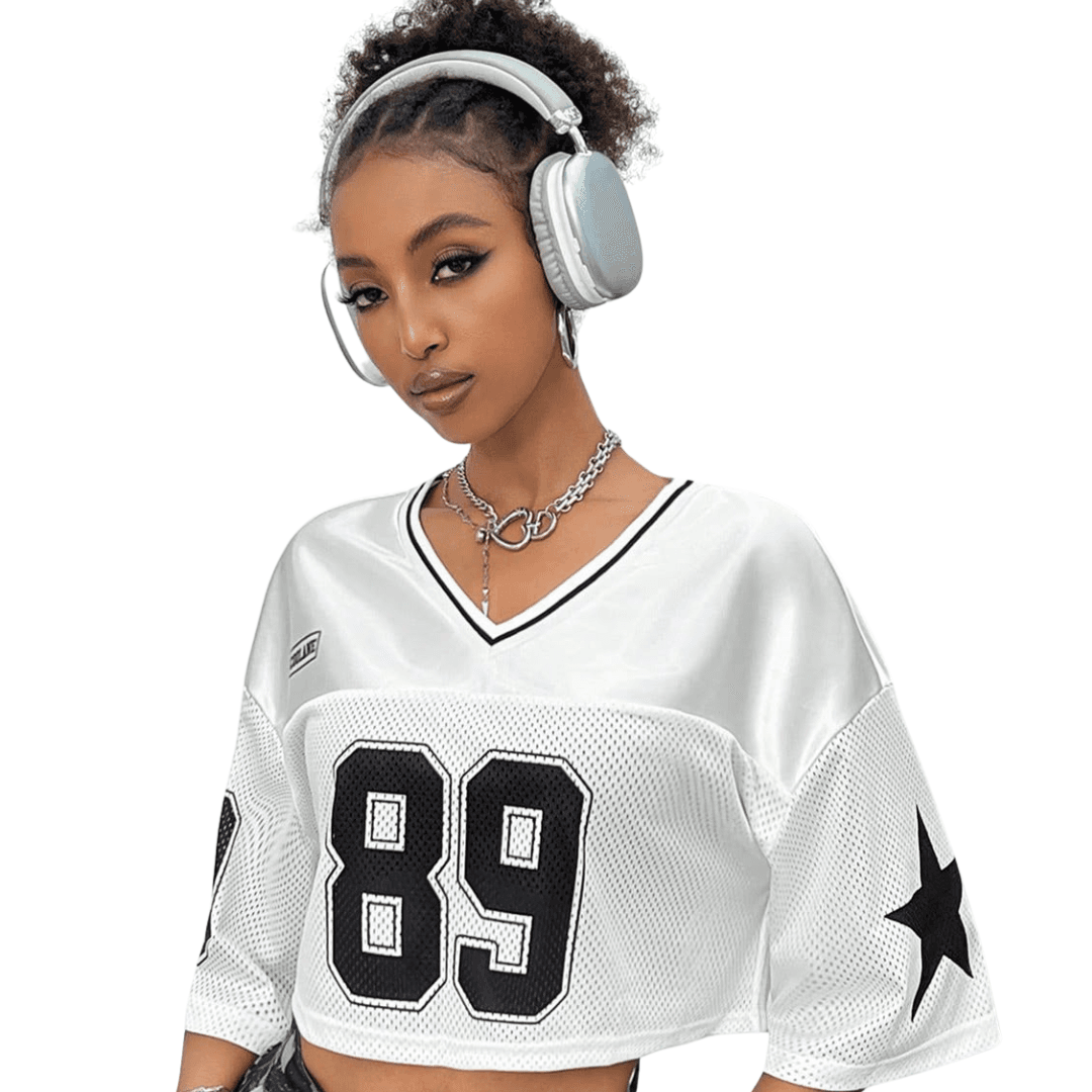 white varsity-style crop top