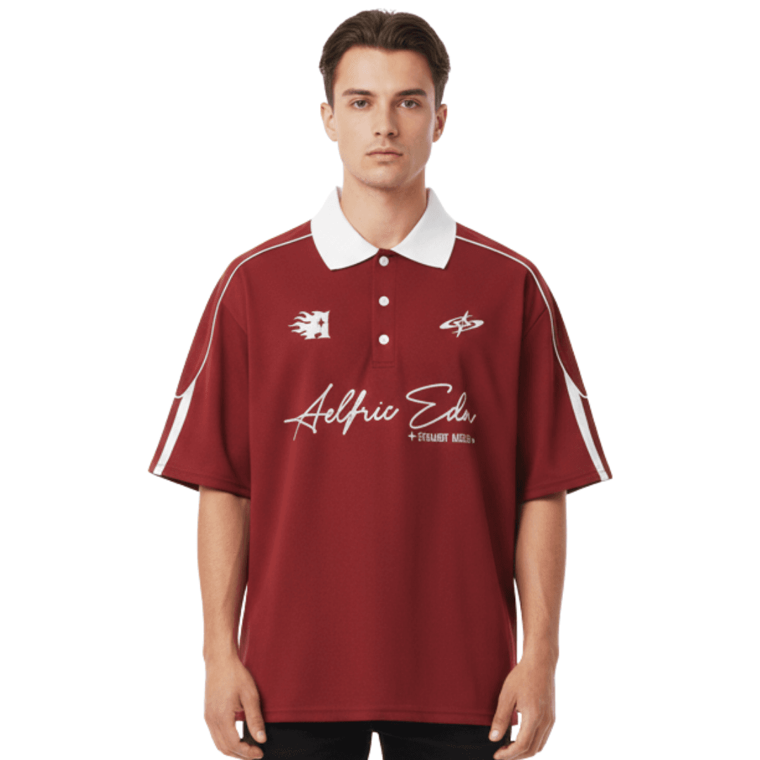 maroon drop-shoulder racing polo